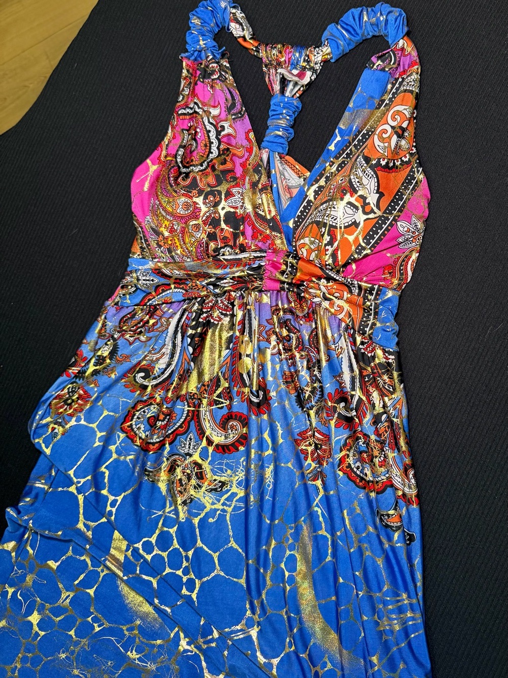 Boho Halter Maxi Dress Blue Pink Paisley Metallic Gold Print